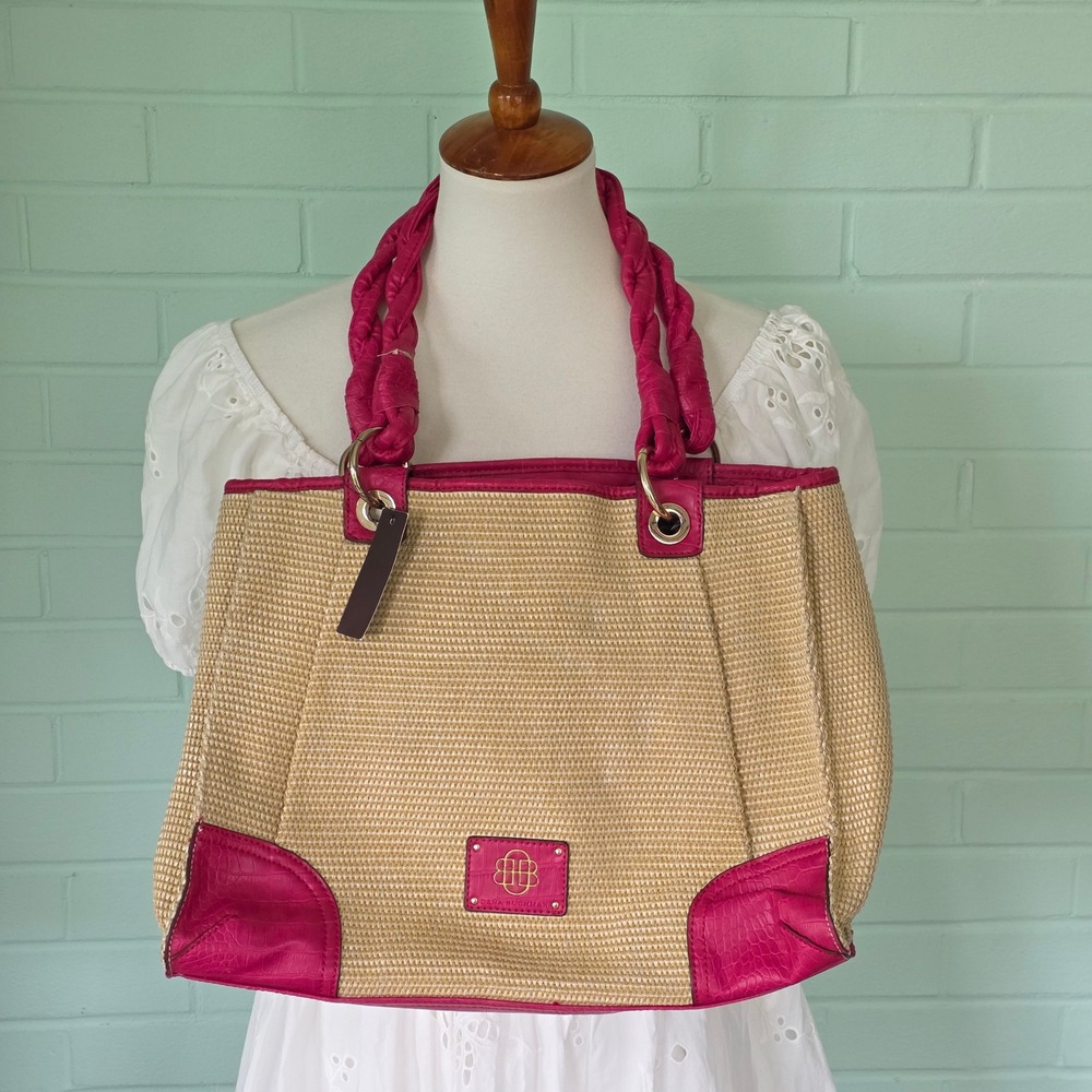 NWT Dana Buchman Straw Tote Bag Pink Faux Croc Trim Woven wicker shoulder Hand